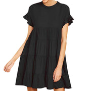 Women's round neck pleated stitching dress, view 3 - MRSLM