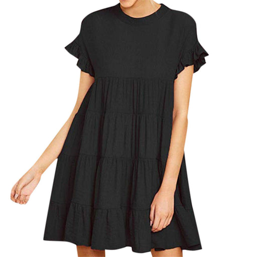 Women's round neck pleated stitching dress, view 3 - MRSLM
