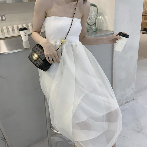 Two-tone tube top dress with mesh skirt, view 2 - MRSLM