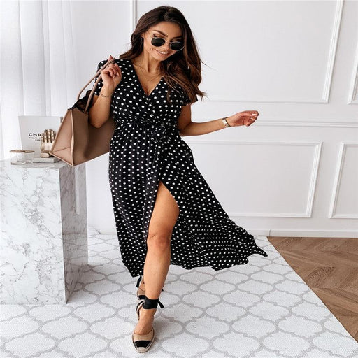 v-neck bohemian polka dot long dress, view 3 - MRSLM