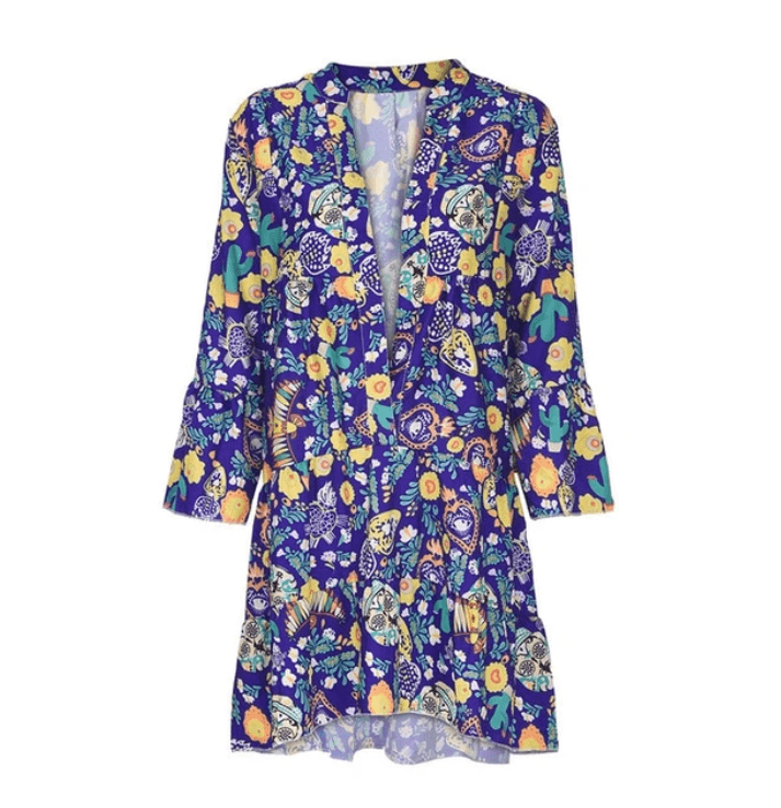 printed v-neck ruffled loose dress, view 8 - MRSLM