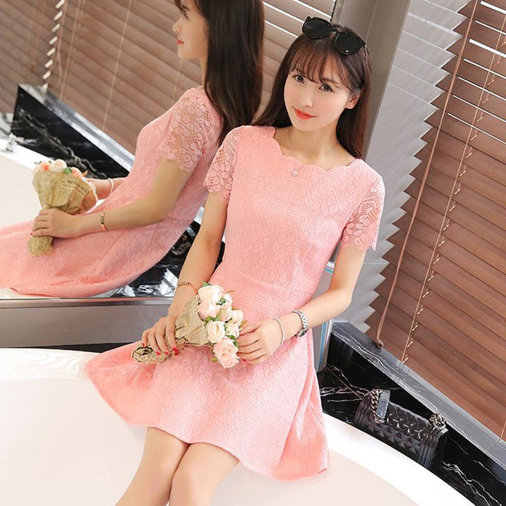 Pure color lace short sleeve dress trend - MRSLM