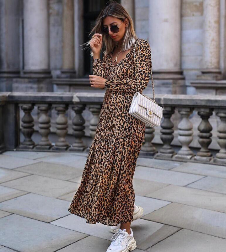 Leopard print V-neck casual dress - MRSLM