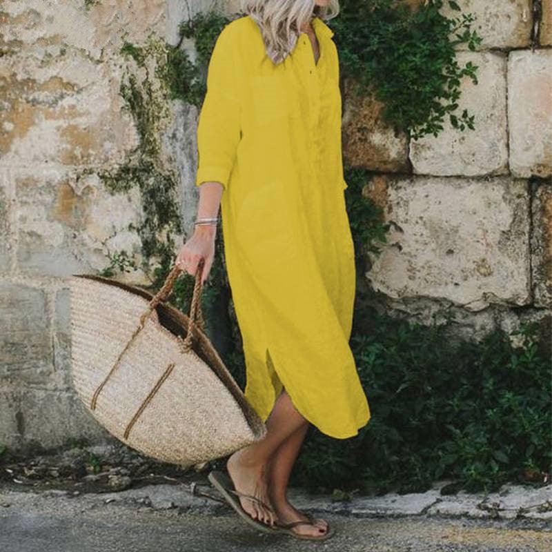 Elegant Solid Color Slit Dress Long Shirt Dress - MRSLM