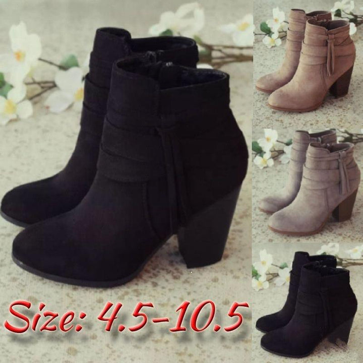 Women's suede side zipper chunky heel boots - MRSLM