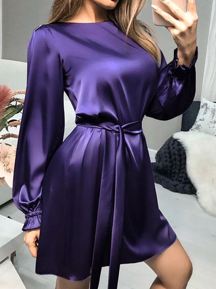 Women Satin Solid Puff Sleeve Knee Length Midi Dresses - MRSLM