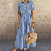 Women's long multi-buckle distressed denim-style dress, view 2 - MRSLM