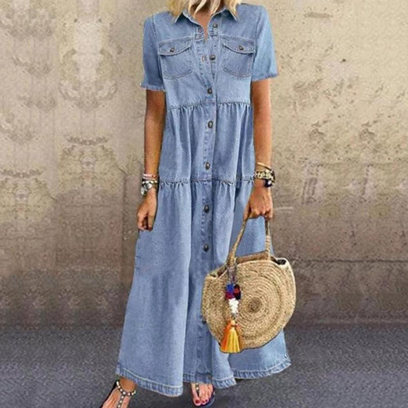 Women's long multi-buckle distressed denim-style dress, view 2 - MRSLM