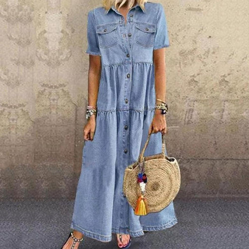 Women's long multi-buckle distressed denim-style dress, view 2 - MRSLM