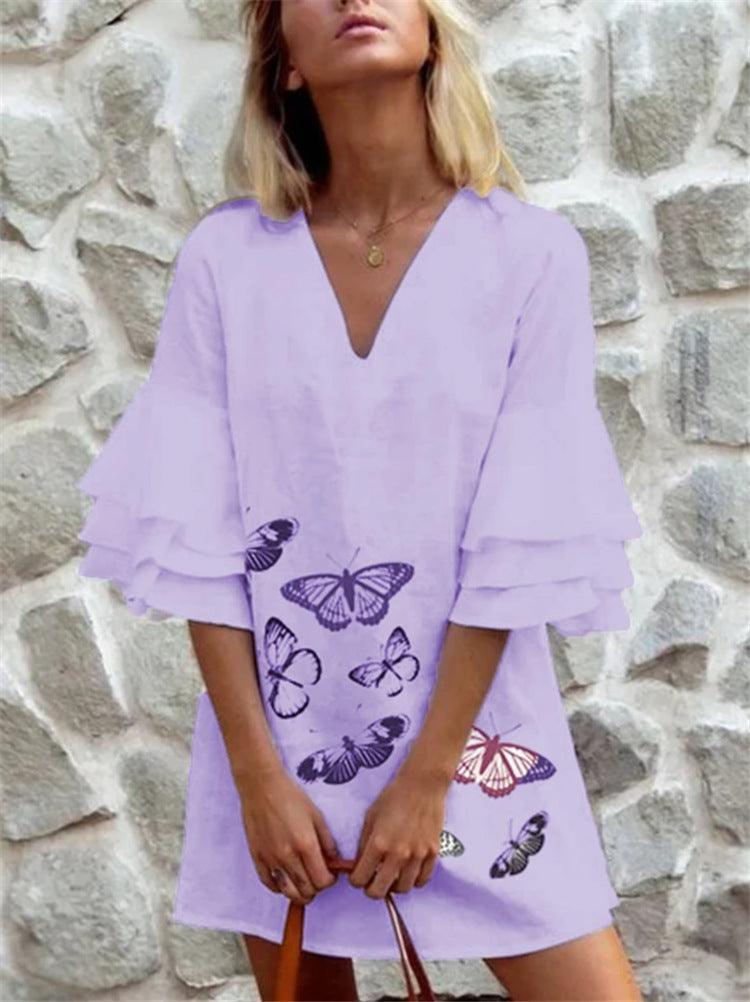 short dress with printed v-neck, view 3 - MRSLM