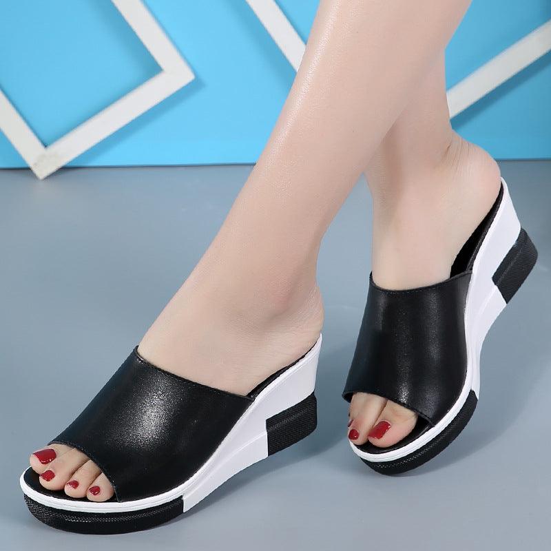 2021 summer new leather slippers slope with thick bottom platform sandals sandals female female beach shoes word - MRSLM