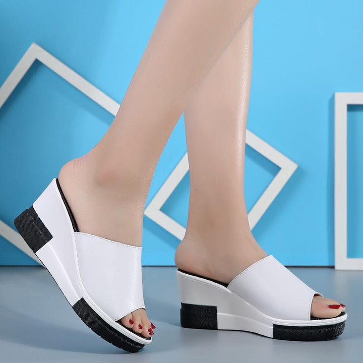 2021 summer new leather slippers slope with thick bottom platform sandals sandals female female beach shoes word - MRSLM