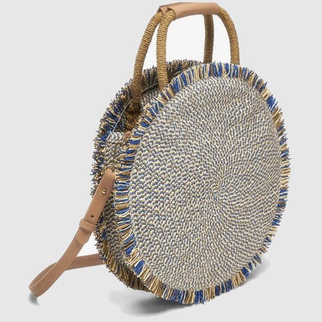 Straw woven round fringe beach bag, view 2 - MRSLM