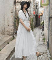 v-neck drawstring swing dress, view 4 - MRSLM