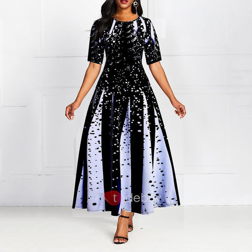 digital print round neck dress, view 5 - MRSLM