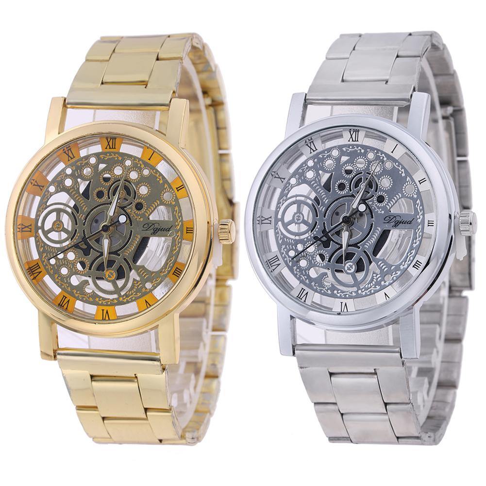 Lady Fashion Stainless Steel Band Hollow Dial Roman Numerals Quartz Wrist Watch - MRSLM
