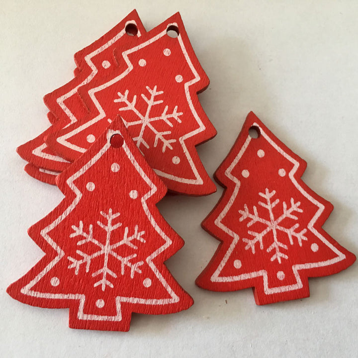 White / Red Natural Wooden Christmas Pendants 5 pcs Set