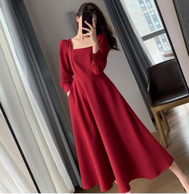 Hepburn style waist slimming puff sleeve dress - MRSLM