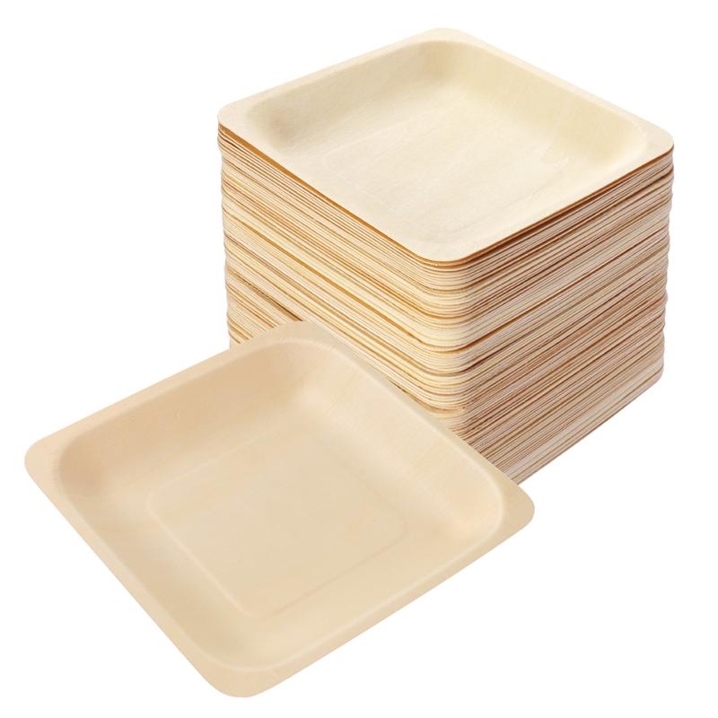 Square Shaped Disposable Wooden Plates 100 pcs Set