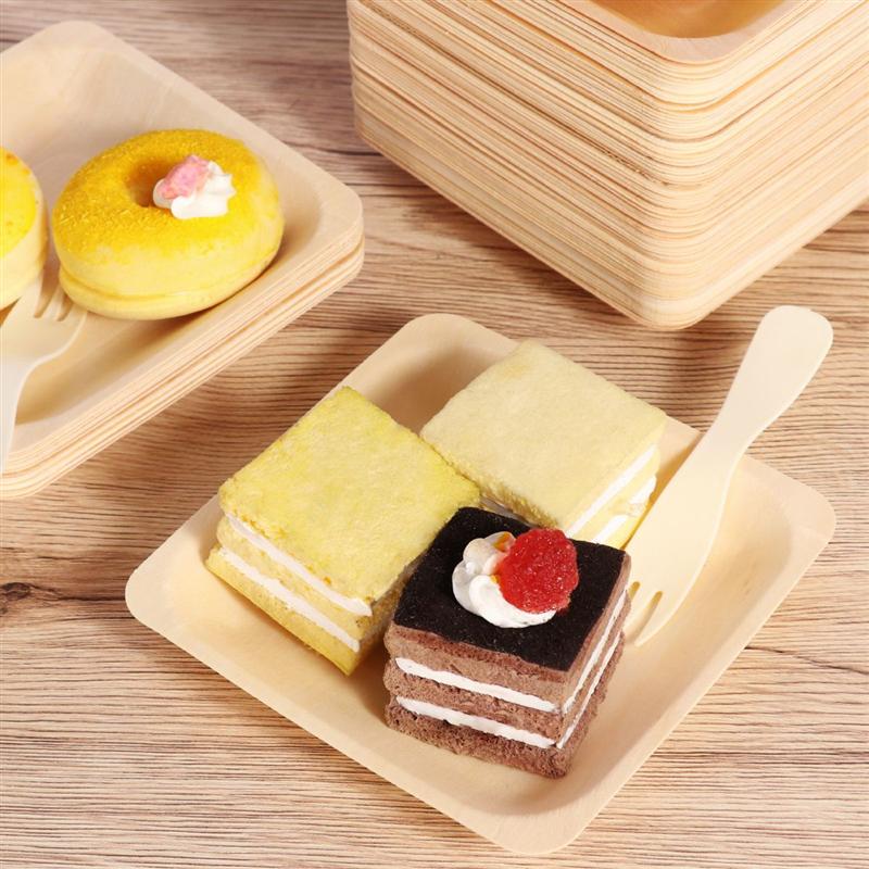 Square Shaped Disposable Wooden Plates 100 pcs Set