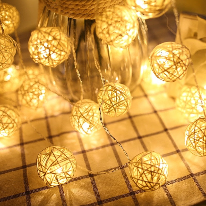 Warm White Rattan Ball LED String Light