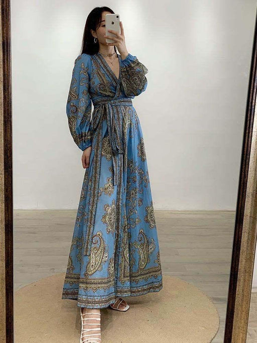 V-neck lantern sleeve tie dress, blue - MRSLM