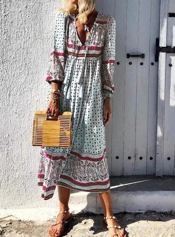 bohemian long sleeve v-neck pullover dress, view 3 - MRSLM