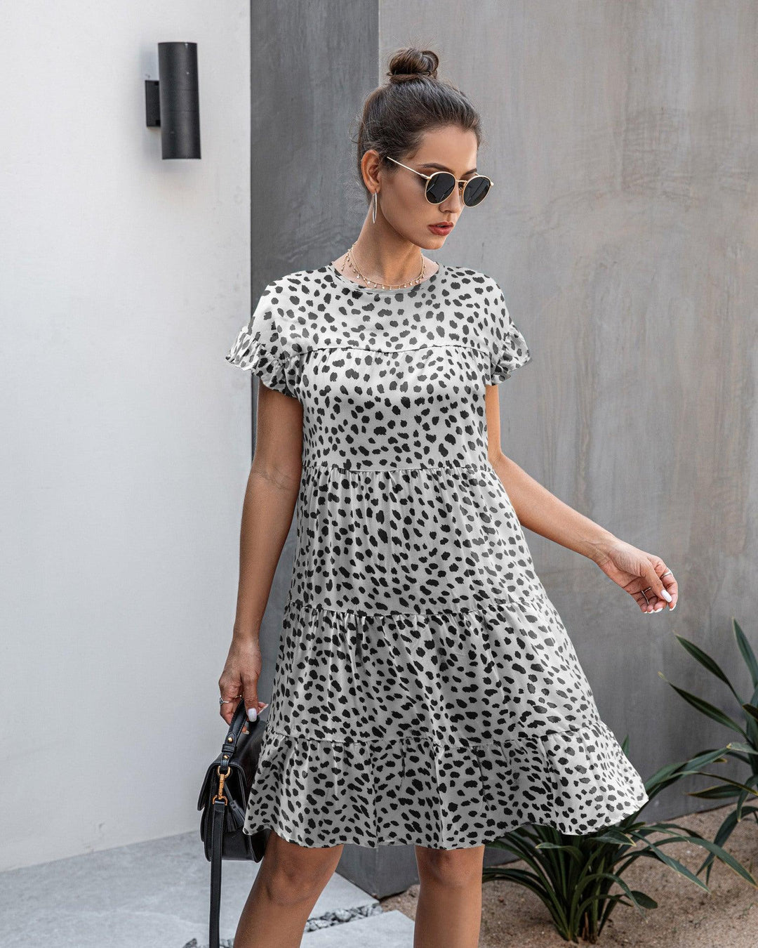 Leopard print round neck short sleeve loose dress - MRSLM