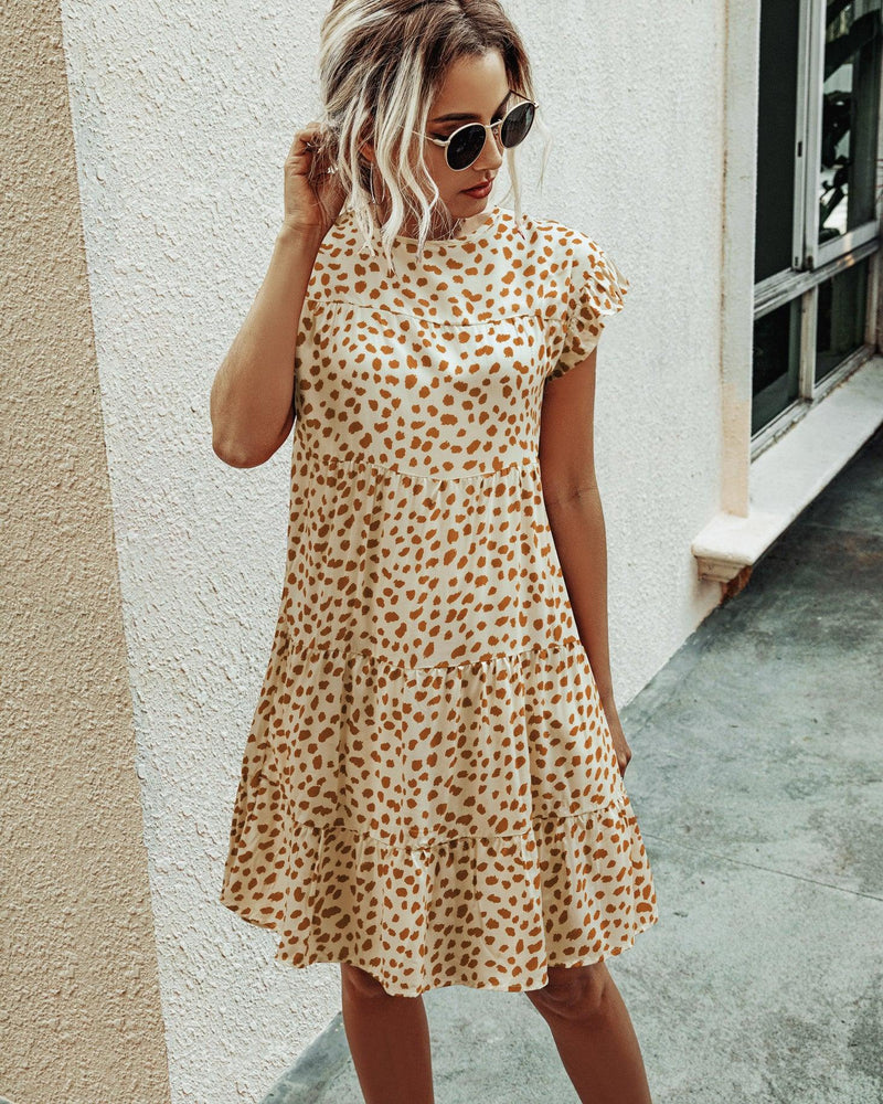 leopard print round neck short sleeve loose dress, view 9 - MRSLM