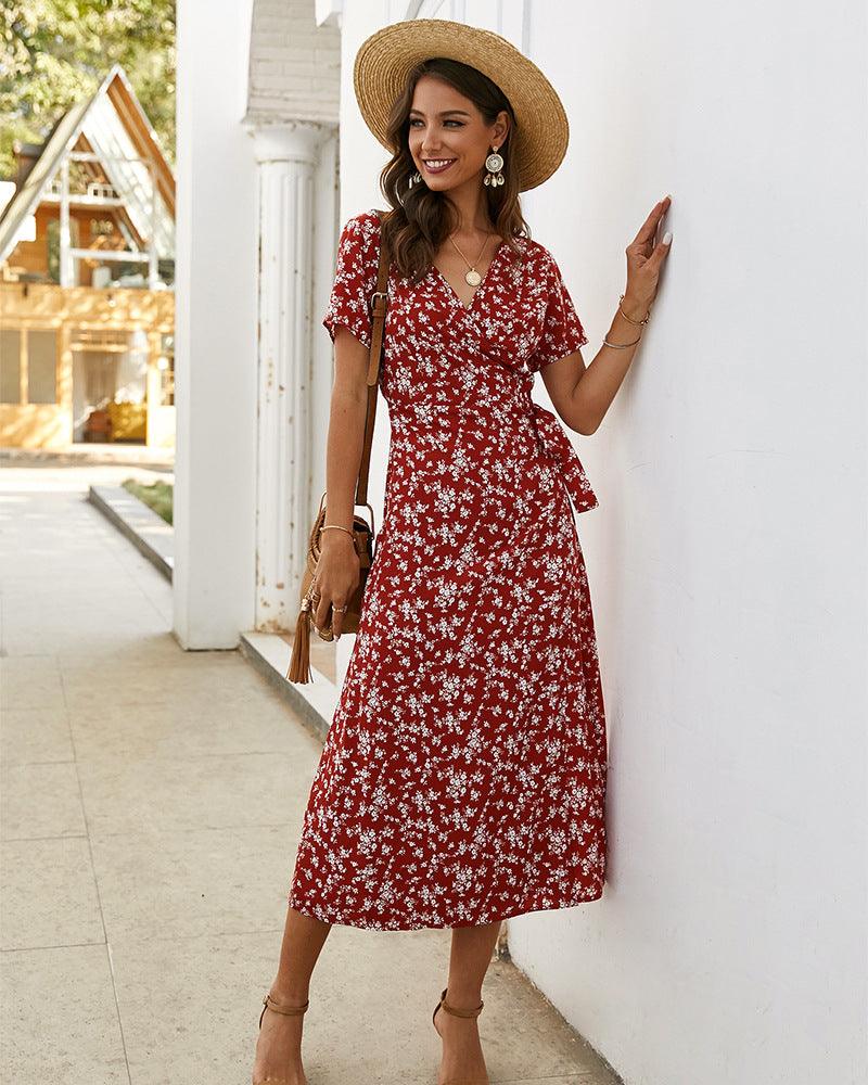 Spring and summer floral short-sleeved dress - MRSLM