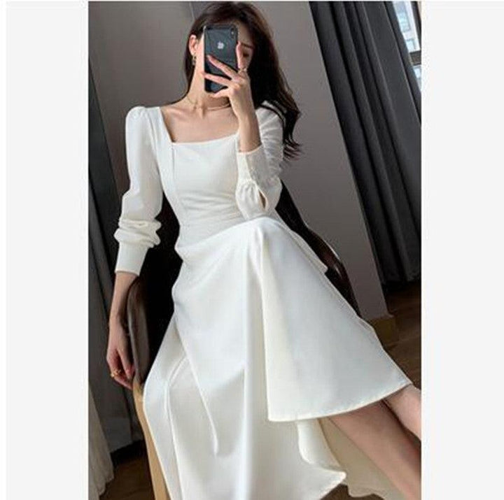 Hepburn style waist slimming puff sleeve dress - MRSLM