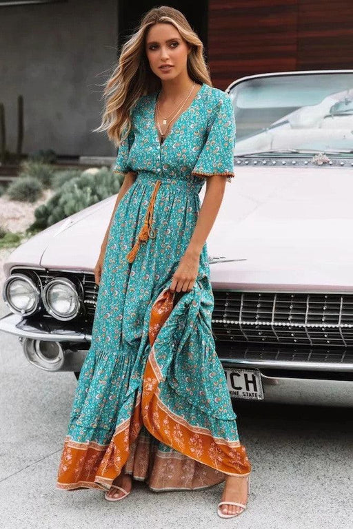 Bohemian V-neck long dress - MRSLM