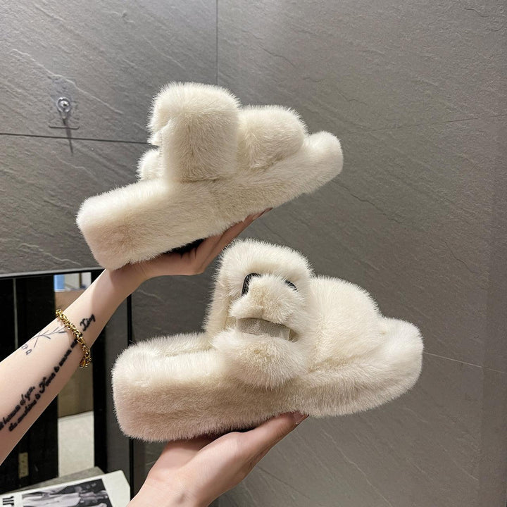 Women's Slippers With Thick Bottom Furry Slippers For Wearing Outside Home - MRSLM