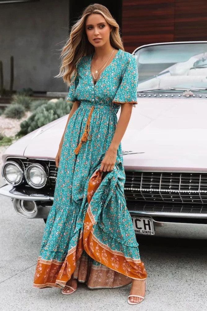 Bohemian V-neck long dress, view 4 - MRSLM