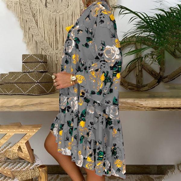 printed v-neck ruffled loose dress, view 2 - MRSLM