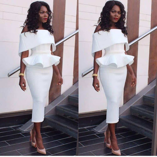 off shoulder ruffle pencil dress, view 4 - MRSLM
