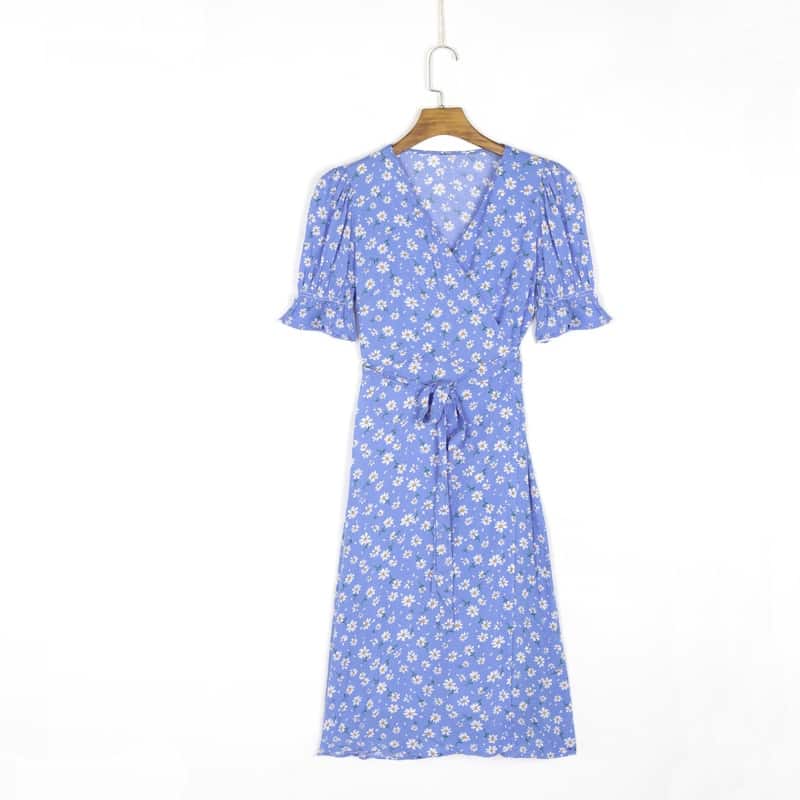 Women's Casual Floral Printed V-Neck Belted Slim Dress