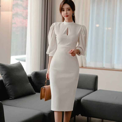 Women's white puff sleeve dress, view 2 - MRSLM