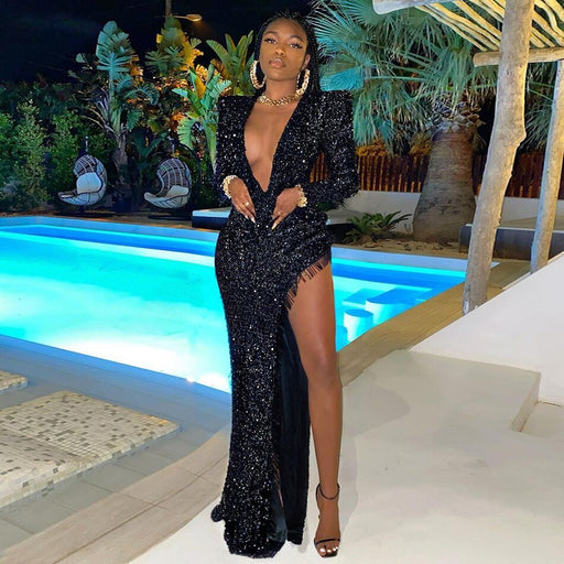 women's long sleeved v-neck sequin party dress, view 2 - MRSLM