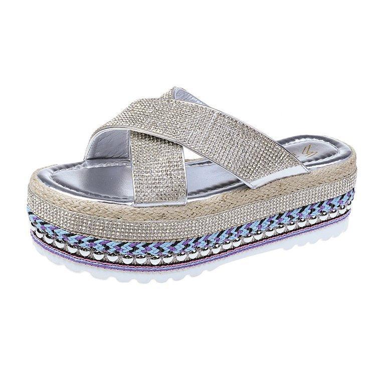 Cross Rhinestone Woven Waterproof Platform Toe Women's Slippers - MRSLM