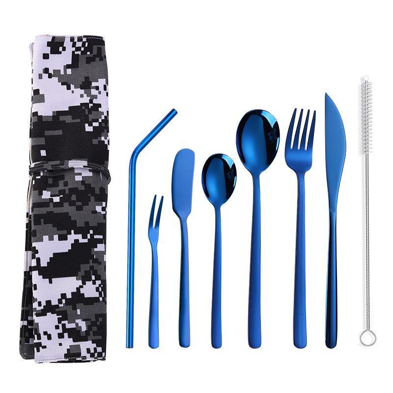 304 Stainless Steel Cutter Fork Spoon Set Portable Camouflage Western Tableware Bag Outdoor Dinnerware Set - MRSLM