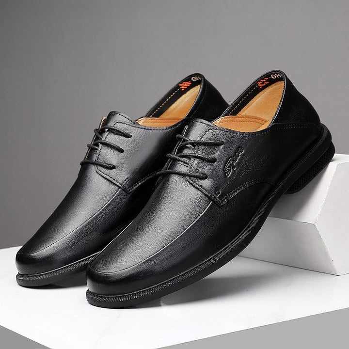 Business Dress Casual Leather Shoes Men's Korean Fashion British Youth Soft Leather Pointed Black Inner Height - MRSLM