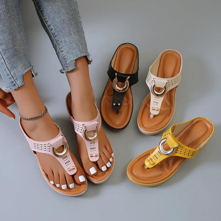 Women's Flower Wedge Heel Platform Flip Flops Plus Size Beach Slippers - MRSLM