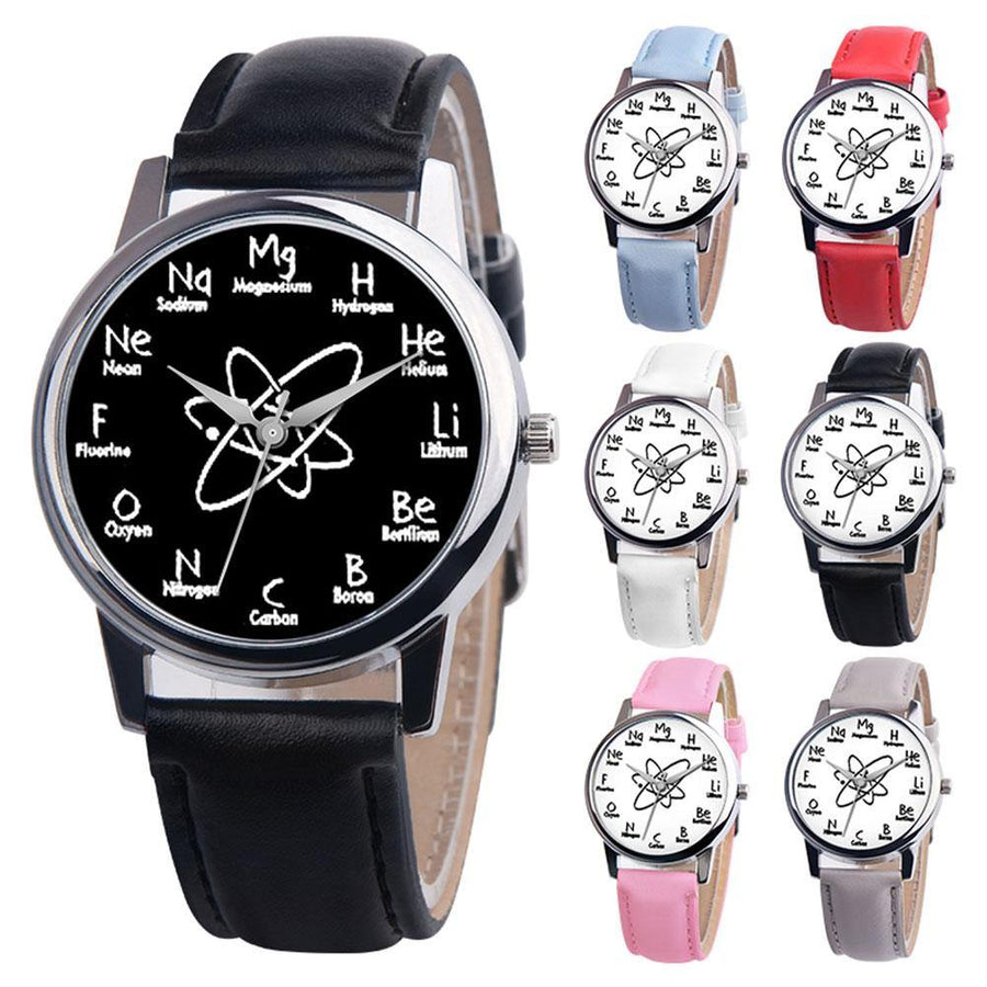 Chemical Symbol Faux Leather Band Unisex Casual Round Quartz Wrist Watch Gift - MRSLM