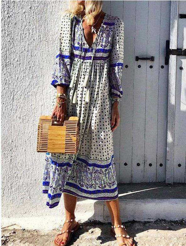 Bohemian long sleeve V-neck pullover dress - MRSLM