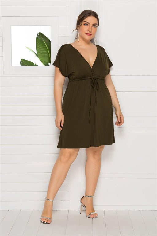 solid color short sleeve deep v-neck short dress, view 6 - MRSLM