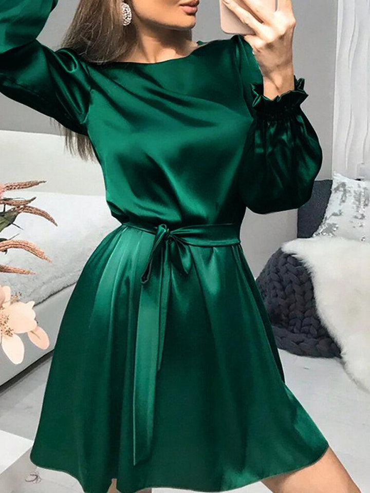 Women Satin Solid Puff Sleeve Knee Length Midi Dresses - MRSLM