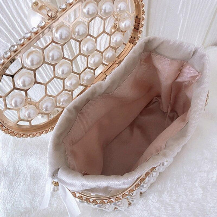 Luxury Pearl Women's Handbag Hollow Out Wedding Clutch Purse Bag Female Rhinestone Metal Cage Basket Shoulder Bag ZD1846 - MRSLM