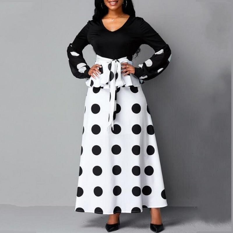 Women's mesh stitching high waist Polka Print Dress - MRSLM