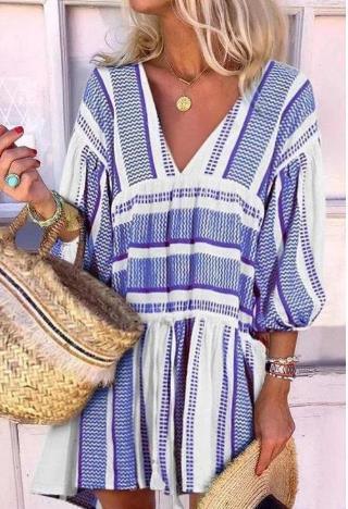 Striped print V-neck three-quarter sleeve dress - MRSLM